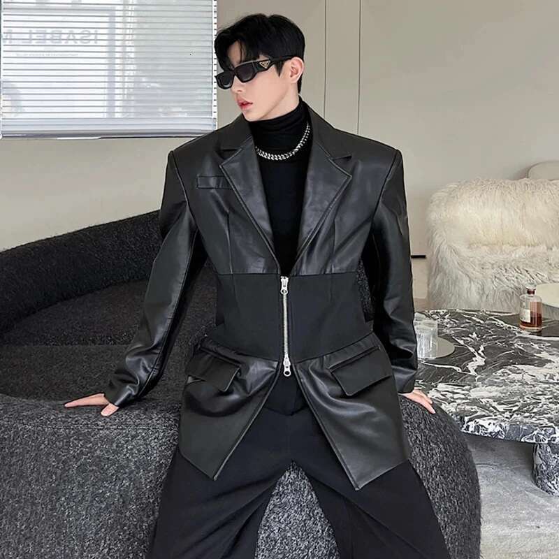 New Trendy Men's Knitted Splicing Design Leather Blazers Coat Double Zipper Shoulder Pad Suit Jacket High Street