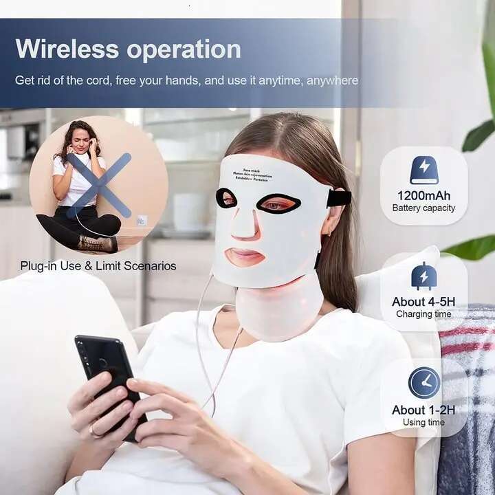 Silicone Face With Neck 7 Colors LED Photon Red Light Infrared Therapy Flexible Facial Mask Repair Skin Wireless Use