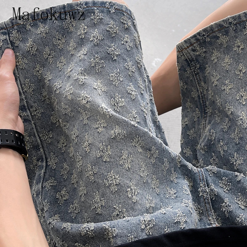 Spring Summer Retro Niche Jacquard Ripped Denim Shorts Mens High Street Handsome Loose Casual Straight Fivepoint Pants 250107