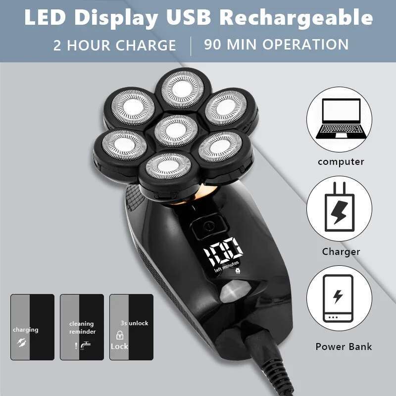 5 In 1 7D Men's Rechargeable Bald Head Electric Shaver 7 ating Heads Beard Nose Ear Hair Trimmer Razor Clipper Facial Brush