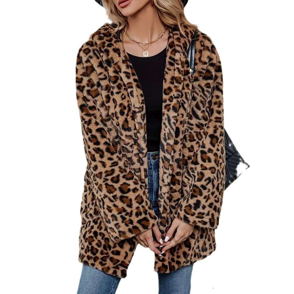 European American Autumn And Winter Leopard Print Women's Clothing Fashion Temperament Imitation Fur With Pockets Loose Woolen Coat