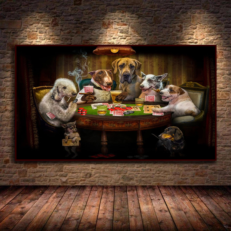 Creative Modern Abstract Dog Playing Poker Fun Poster Print Canvas Painting Wall Art Picture Living Room Home Decoration