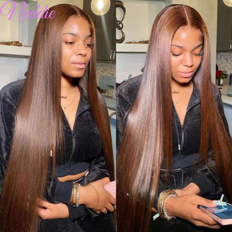 13X6 Chocolate Brown Front Wigs 13X4 Bone Straight Human Hair 30 32 Inch Lace Frontal Colored Wig 100% Brazilian For Women