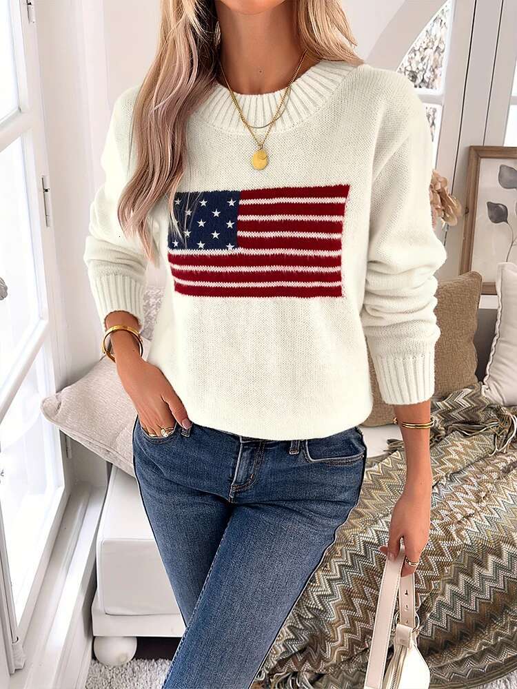 Plus Size Autumn And Winter New National Flag Pattern Women's Comfortable Loose Casual Sweater