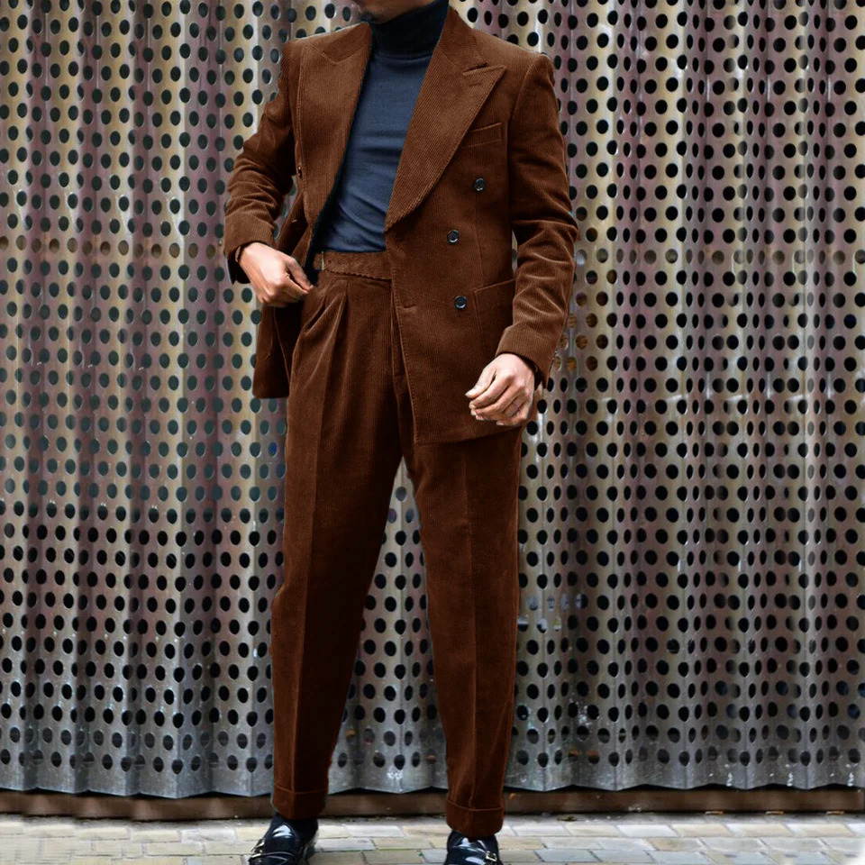 Mens Two Piece Suit Corduroy Double Breasted Slim Casual Elegant Suits for Wedding 2023 Man Jackets Costumes 250102