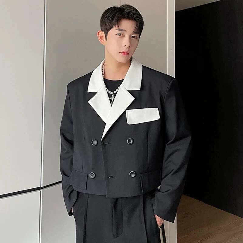 Korean Original Fashion Color Contrast Collar Design Short Blazer Coat Men's New Casual Trendy Elegant Jacket
