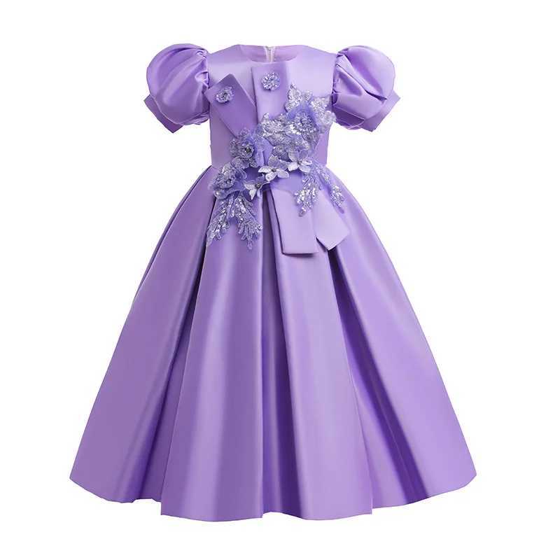 New Girls Satin Handmade Beaded Puffy Princess Bubble Sleeve Piano Host Birthday Performance Par Birthday DressXJ250108