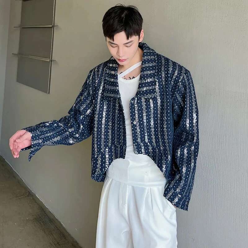 Denim Sequin Jacket Men's Short Coat Top Male Cardigan Fashion Long Sleeve Lapel Temperament Outerwear