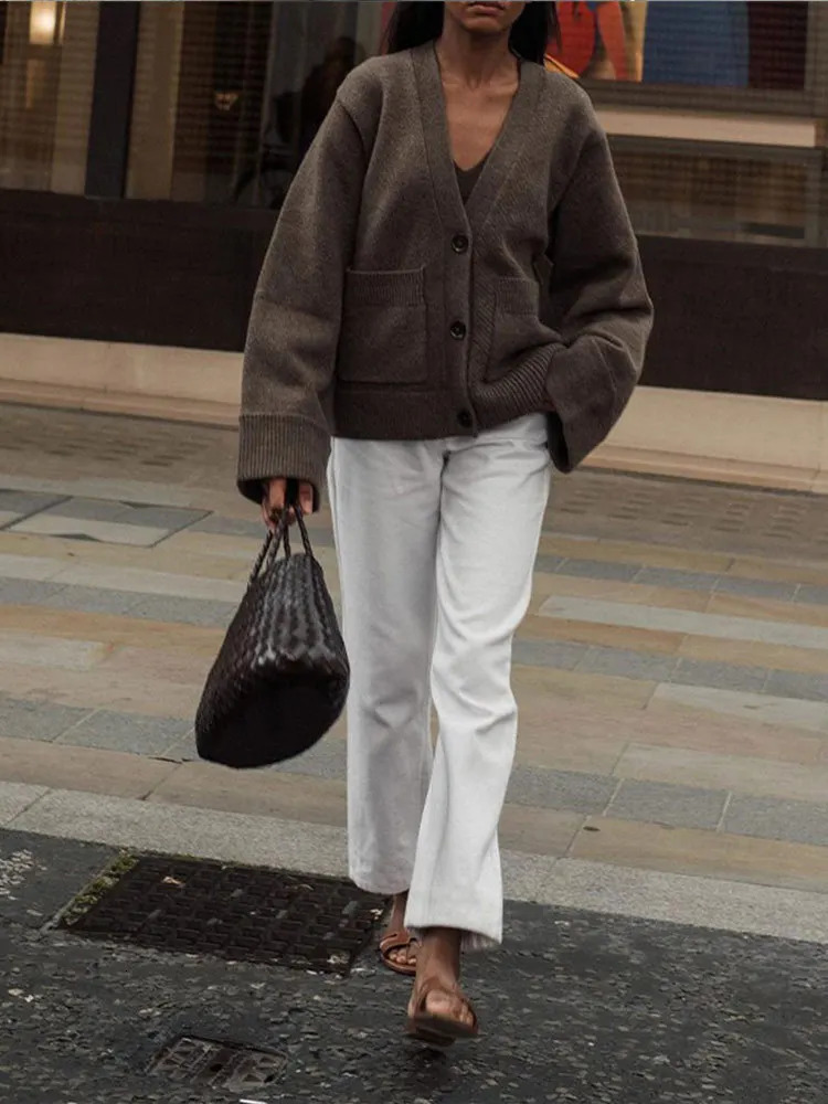 Fashion Lady Commuting Streetwear Women Classic Solid V Neck Pocket Cardigan Casual Long Sleeve Single-breasted Sweater 250106