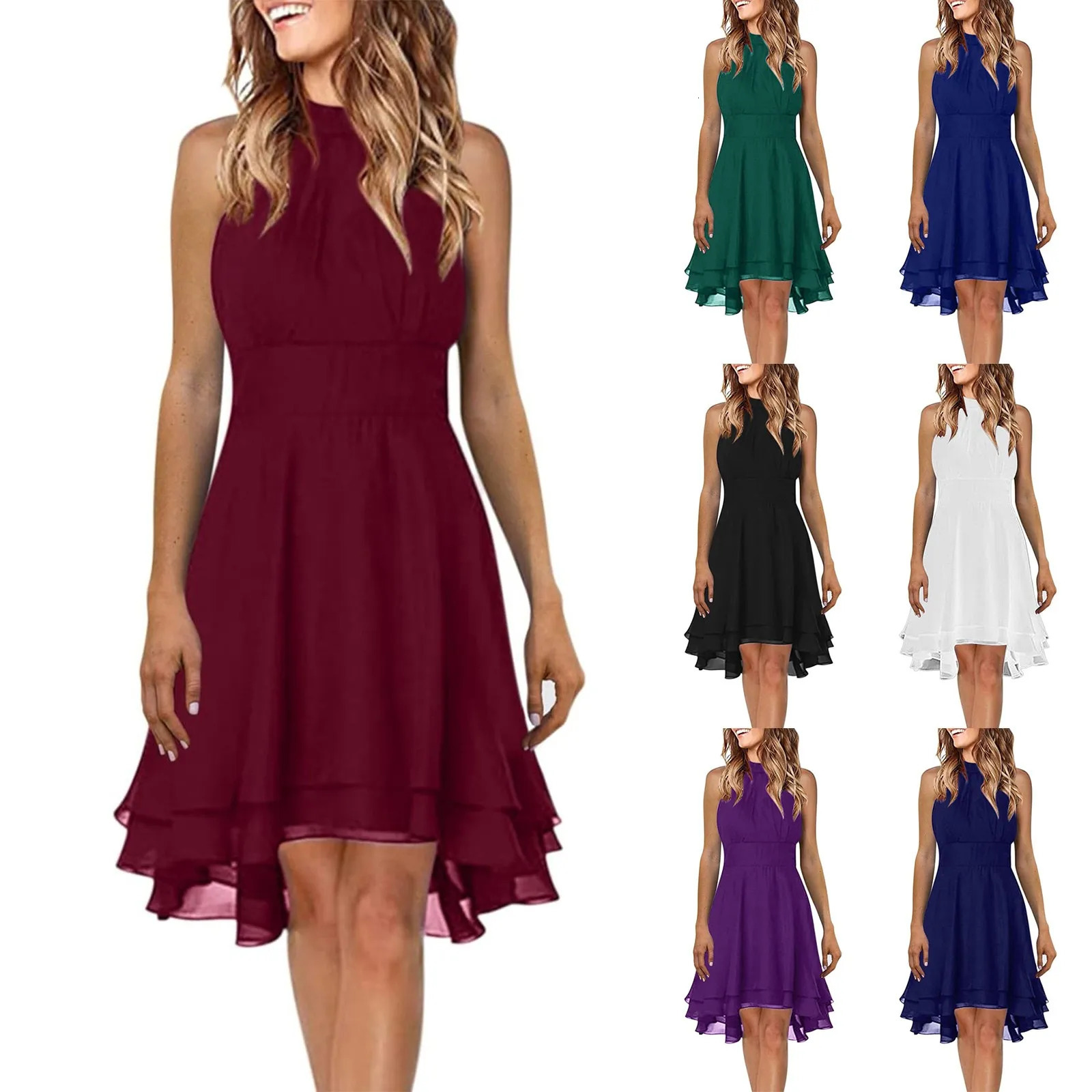 Summer Elegant Women Dresses High Waist Sexy Cropped Layered Solid Halter Dress Ladies Casual Sleeveless Chiffon Party 250106