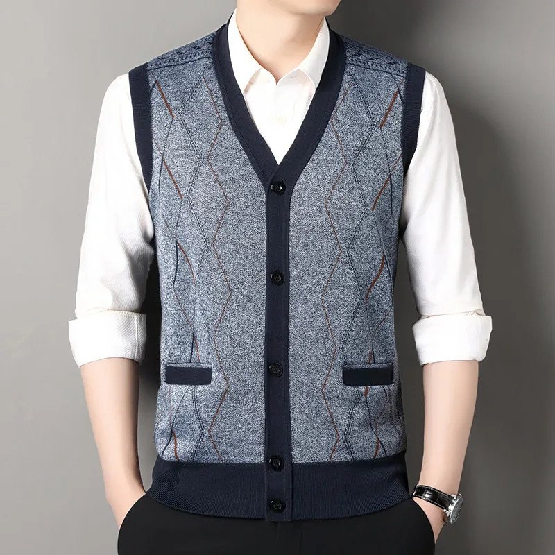 Autumn Winter Mens Sleeveless Knitted Cardigan Middleaged and Elderly Warm Vest Coat Casual Fit Daily Hair Sweater 250107