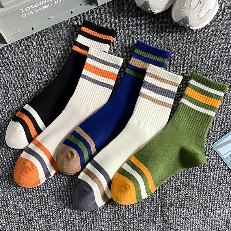 5 Pairs Mens Colorful Striped Casual Socks Fashionable Sports Sweat Absorbing And Breathable Suitable For All Seasons 250108