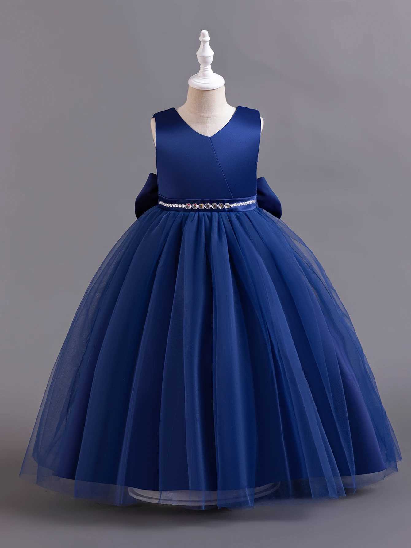 Shining Crystal Belt blue Sleeveless Long Dress for Princess Prom Bow Dresses for 3 to 12 Years GirlsXJ250108