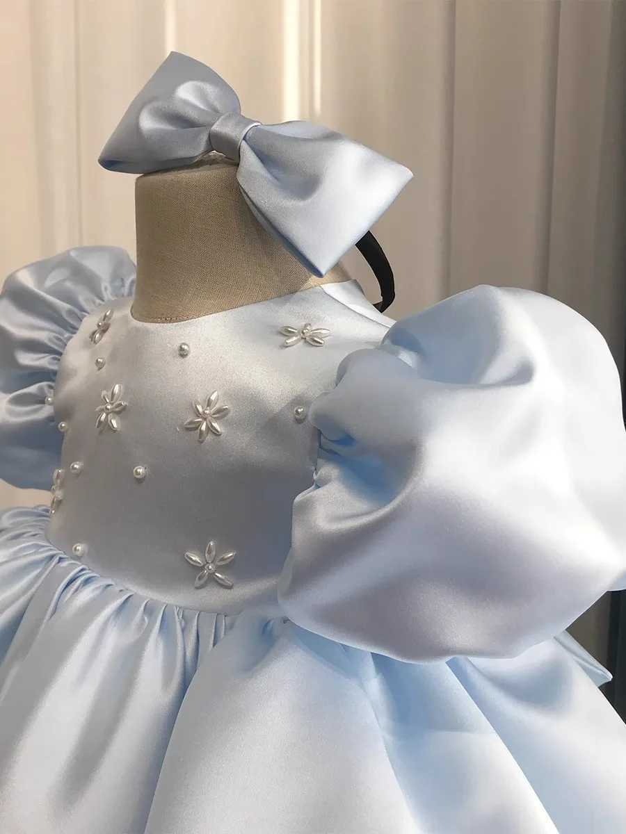Sky Blue Satin Toddler First Birthday Par Dresses Puffy Sleeves Wedding Flower Girl Dress Pearls Holy Communion Baptism GownsXJ250108