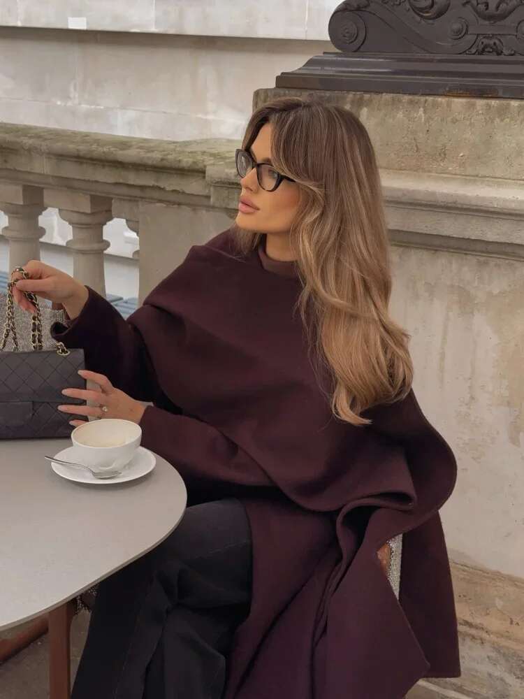 Elegant Bury Red Scarf Collar Woolen Overcoat Women 2024 Fashion Lace Up Long Sleeved Jacket Female Oversized Outerwear