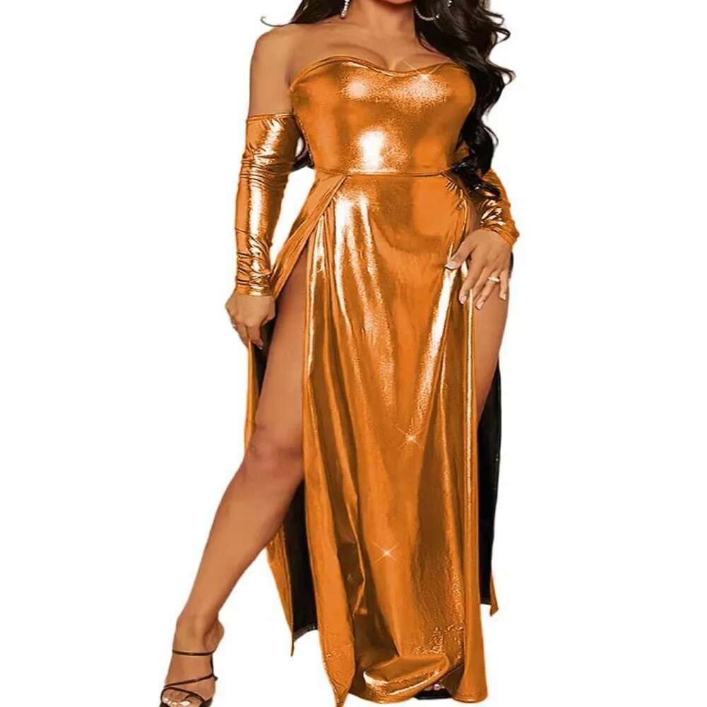 Elegant Women Plus Size Sy Shiny Metallic Or-Length Dress Sexy Strapless Oversleeve High Split Evening Tail Gown