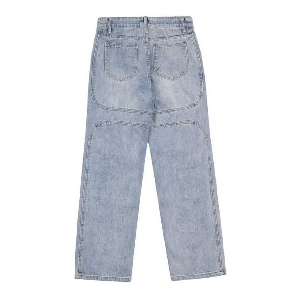 Mens solid color wide leg loose patch work mid waist full length soft breathable pocket zipper button mens pants M250109