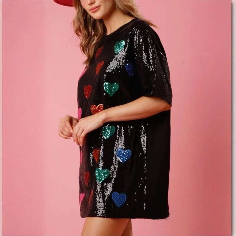 Qing Y2k Party Women Valentines Day Sequins Heart Print Round Neck Half Sleeve Short Mini Dress Fashion Club Dresses