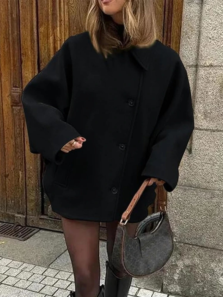 ZBZA Womens Oblique Button Loose Batwing Sleeve Jacket Coat Lapel Double Pocket Warm Solid Vintage Outerwear Fall Winter 250103