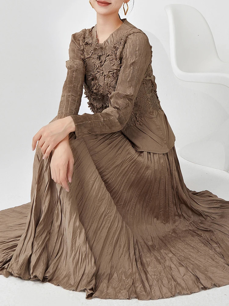 GVUW Pleated 2 Pieces Set Niche n Women Full Sleeve Tops A Line Skirt Loose Solid Color 2025 Lady Sets 17G8434 250109