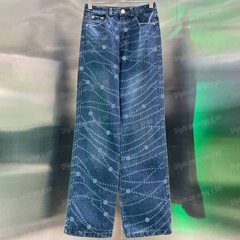 2025--Chain Printed Jeans Luxury Designer Women Denim Pants Charm Blue Straight Trousers Fashion Street Style Jean Pants