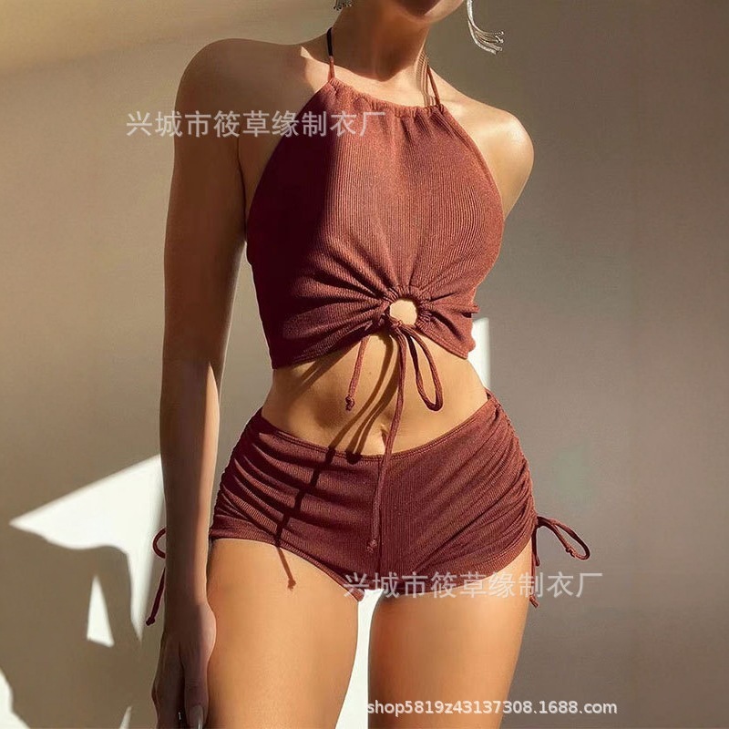 2025 women's conservative solid color swimsuit bikini sexy backless swimming designer trendy beach swimsuit
