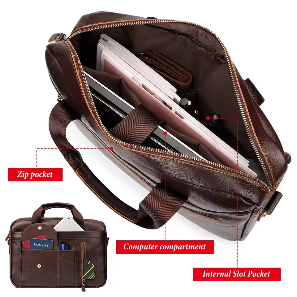 Mens Briefcase Genuine leather Handmade laptop Bag Multi Compartment Business Crossbody Bag Shoulder Bag 250107