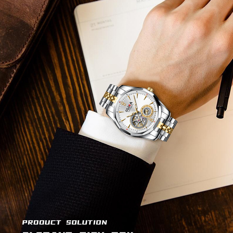Elegant Men's Skeleton Watch with Stainless Steel Band and Mechanical Movement