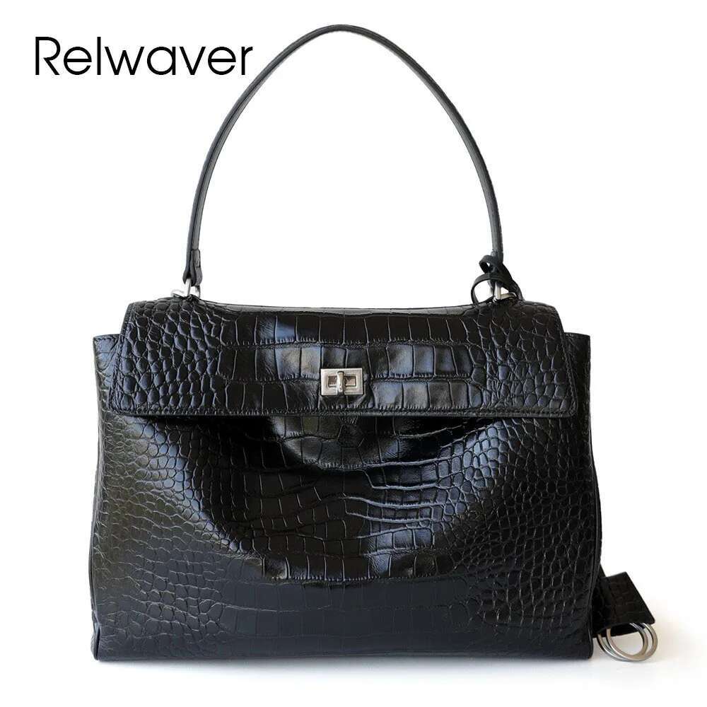 Relwaver Women Messenger Bags Genuine Leather Crocodile Cowhide Black Shoulder Bag 2025 Spring Summer Fashion Ladies Big Flap