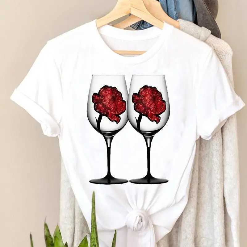 T-shirt Fashion Trendy Short Sleeve Womens T-shirt Top Wine Style Trendy Printing Womens Travel Graphic T-shirt M250108