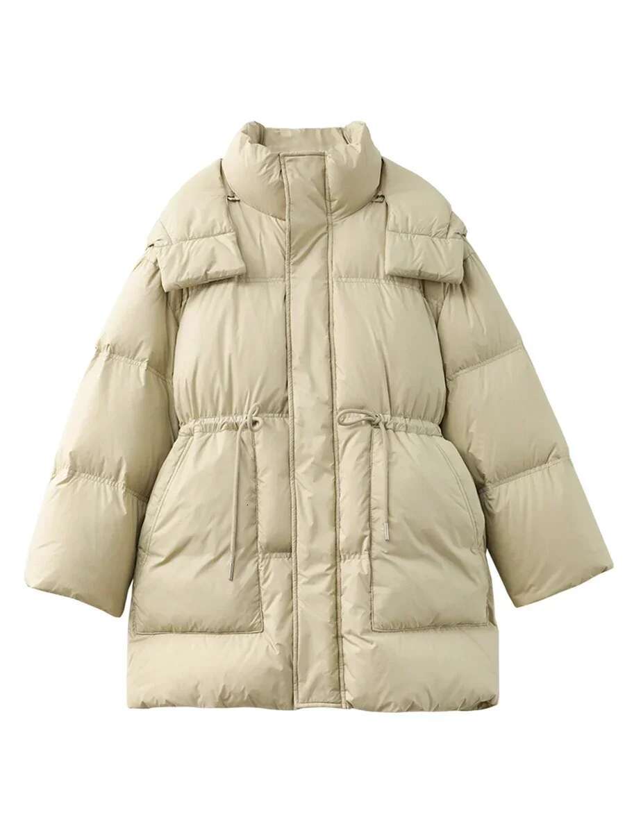 CHIC VEN Women Loose Solid Hooded Waist Puff Female Down Jacket 90 White Duck Coat Winter New 2024