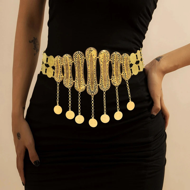 Golden Coin Women Body Chains Arab Charms Tassel Bohemian Ethnic Waist Jewelry Statement Afghan Rhinestones Waist Chains Female 250107