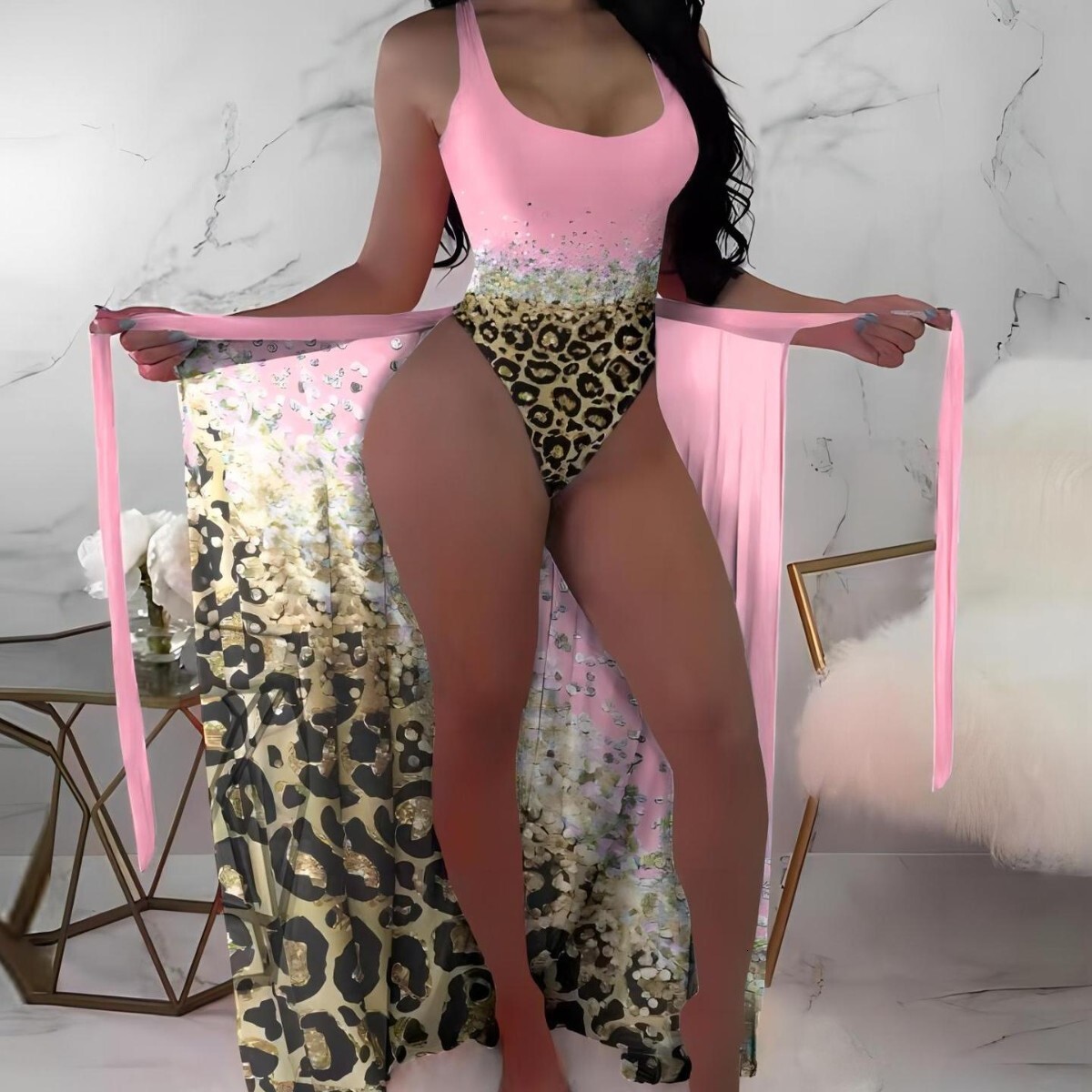 2025 new printed one-piece swimsuit designer women's two-piece set customized leopard print chiffon Tenglong trendy beach swimsuit