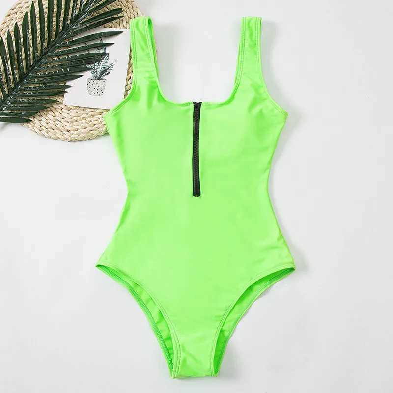 Sexy Bikini One Piece Swimsuits Women Zipper Swimwear Solid Padded Bra Bathing Suit Tropical Surfing Sport Bodysuit FaXJ240108