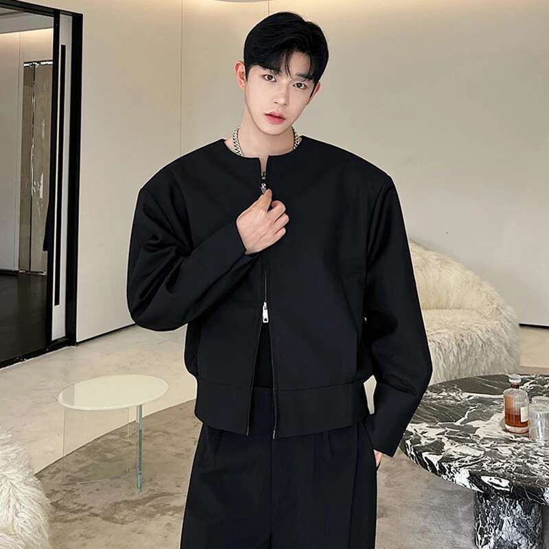 Men Short Jacket Autumn New Niche Design Korean Style Collarless Double Head Zipper Suit Coat Personality Clothing