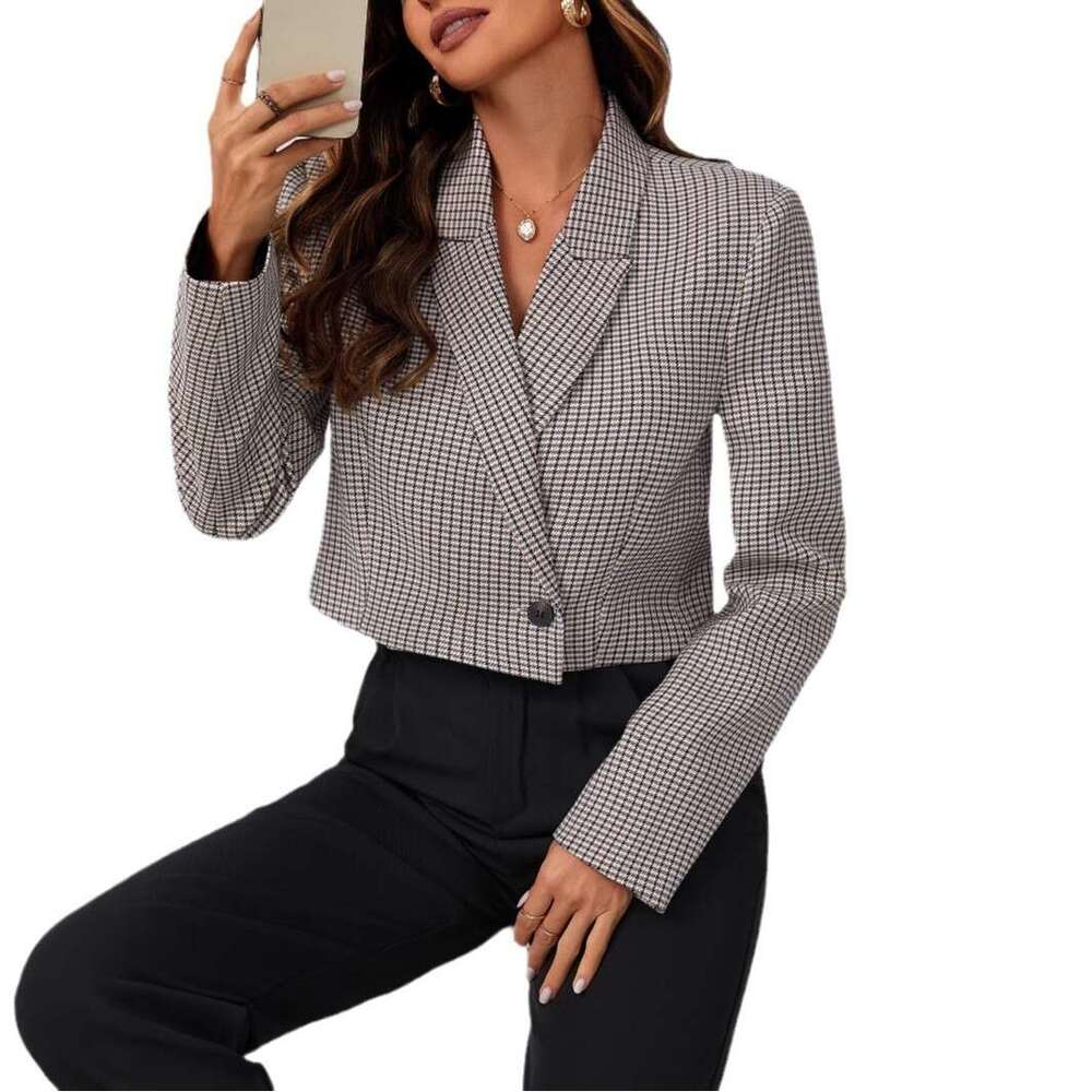 New Foreign Trade Jacket For Women Sense Of , Short Style With A Thousand Bird Grid Long Sleeved Suit, Autumn Commuting Suit
