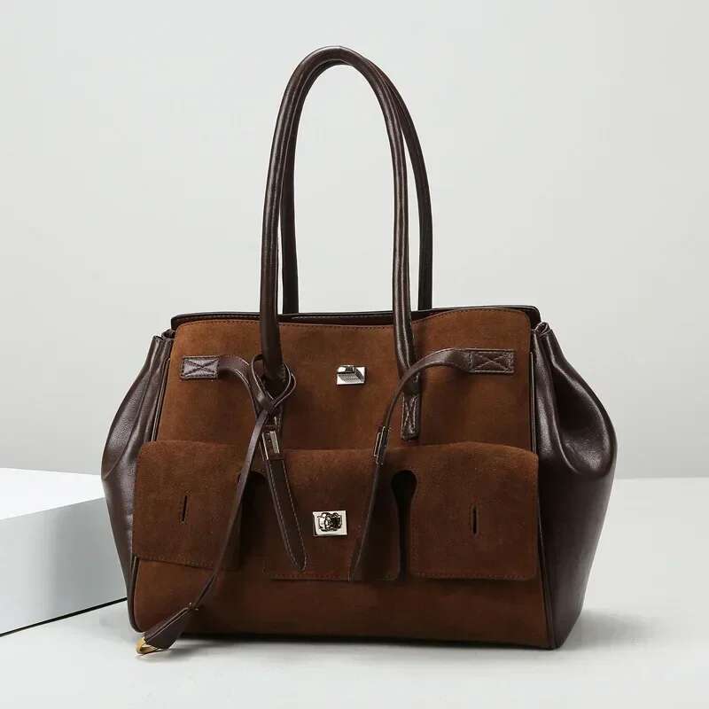 Vintage Scrub Pu Leather Shoulder Design Large Capacity Multi-Pocket Women's Tote Bag OL Daily Commuter Handbag 2024