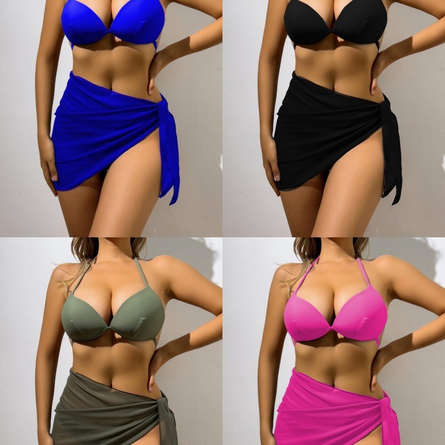 New Sexy Three Sexy Beach Bikini Designer Swimsuit Piece Gauze Skirt Bikini Mesh Red Solid Color Swimsuit