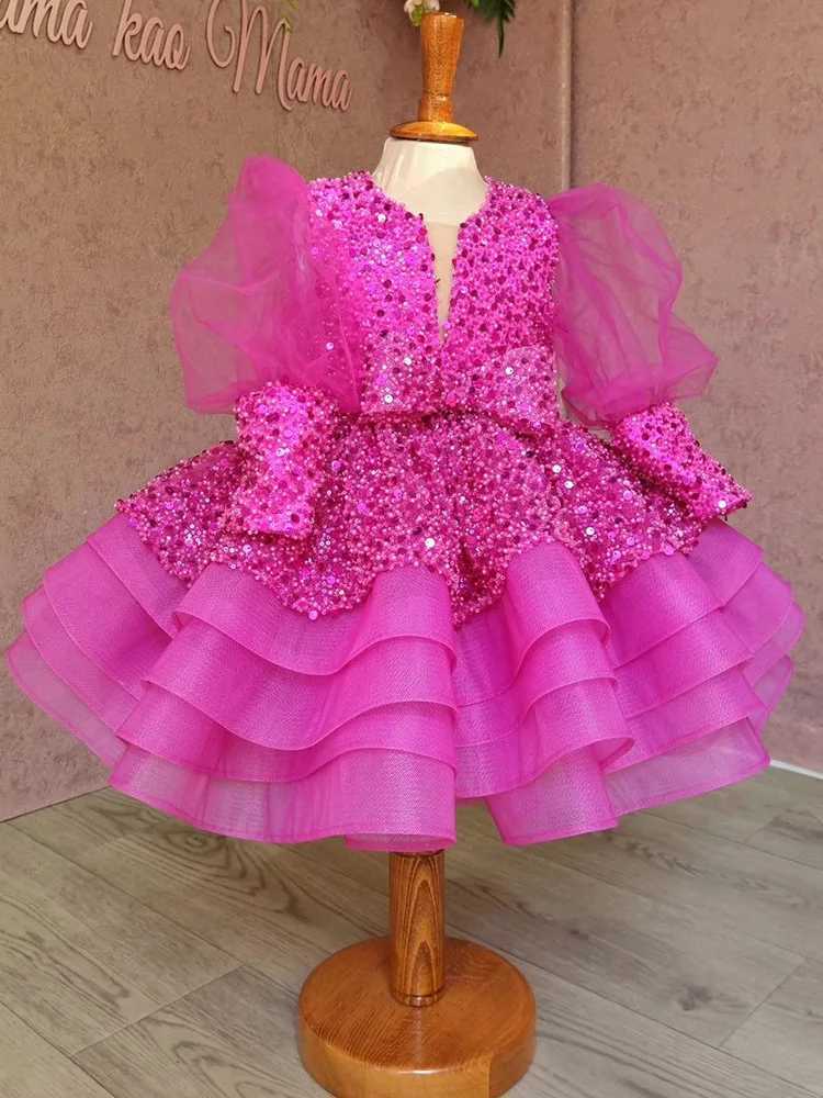 Girl Sequenant Nets Lace Larger Dress Vitamin V -neck Dress dress girl birthday par dress rose red first holy meal dressXJ250108