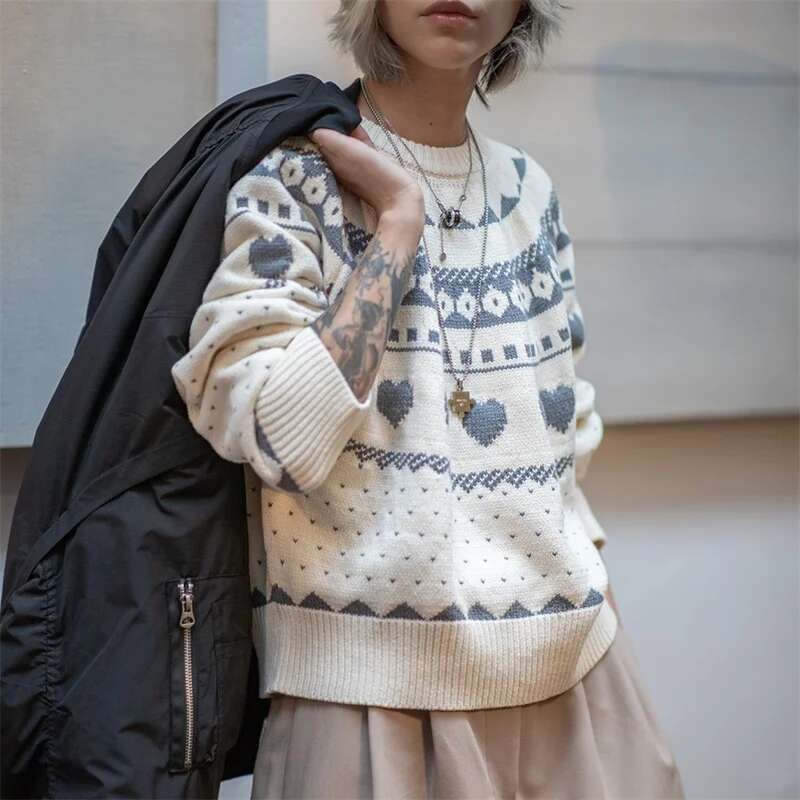 Maden Women Black Fair Isle Knitting Sweater Autumn Winter Long Sleeve Round-Neck Warm Bottoming Shirt Stretch Pullover Jumpers