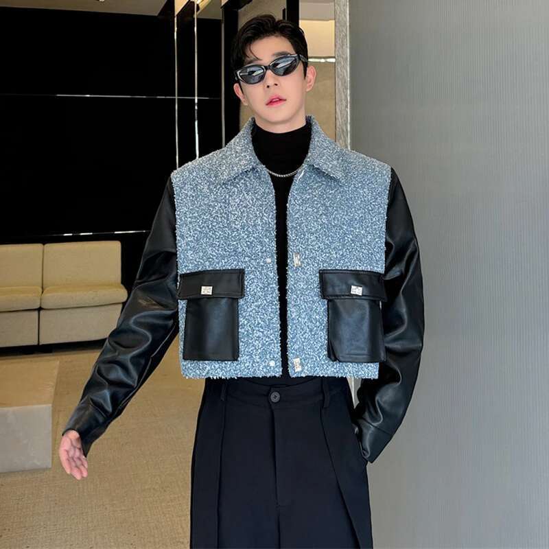 Autumn Fabric Short Fashion Jackets Patchwork Faux Leather Color Contrast Trendy Casual Outerwear Male Clothes