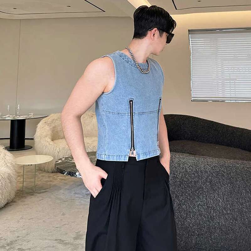 Zipper Splicing Design Fashion Denim Sleeveless Vests Personalized Trendy Street High Quality Men's Tank Tops