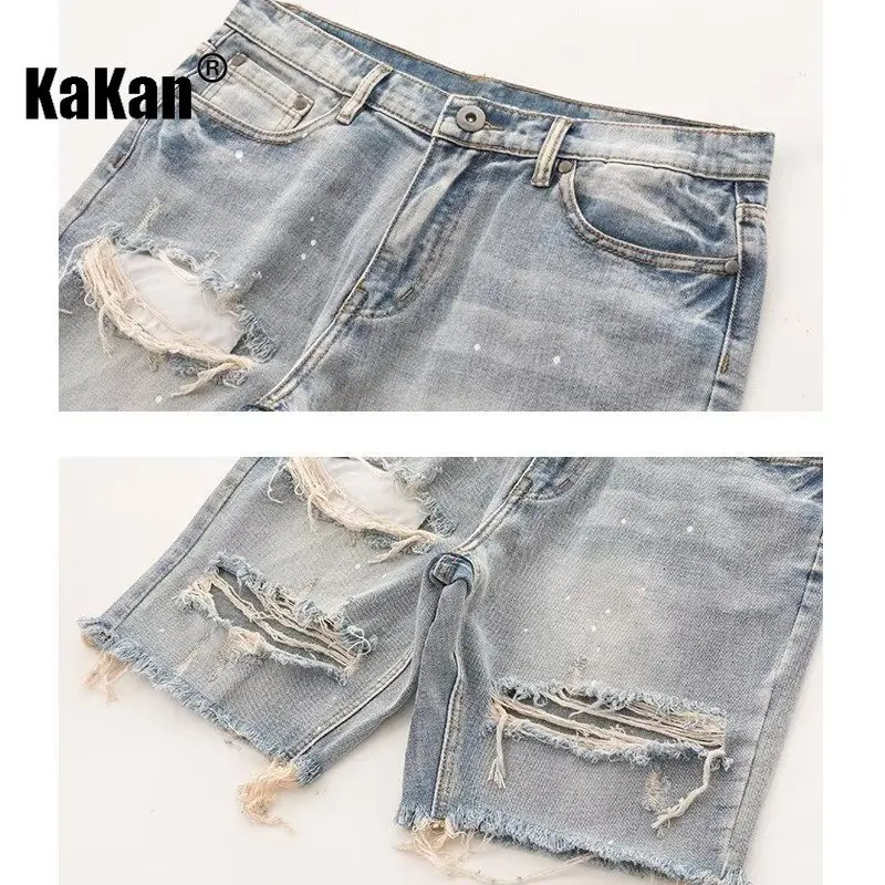Kakan Summer Distressed Denim Shorts for Men Korean Youth Slim Fitting Small Leg Quarter Pants Jeans K58DK322 250106
