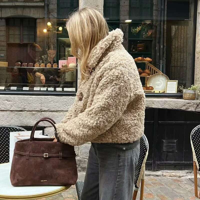 TRAF Cropped Plush Jacket Faux Sheepskin Demi-Season For Women Long Sleeve Jackets Woman 2024 Winter Coat Female