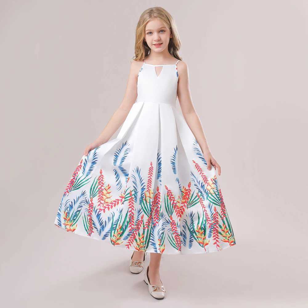 Elegant Flower Par Dresses For Girls Children Summer Long Suspenders Print White Princess Dress Girl Wedding Ball Gown CostumeXJ250108