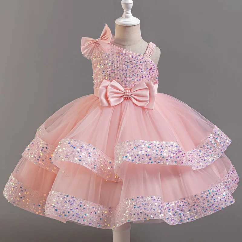 Girls Beaded Bow Tie Sequin Mesh Childrens Sleeveless Evening Dress School Graduation Par Multi Layered DressXJ250108
