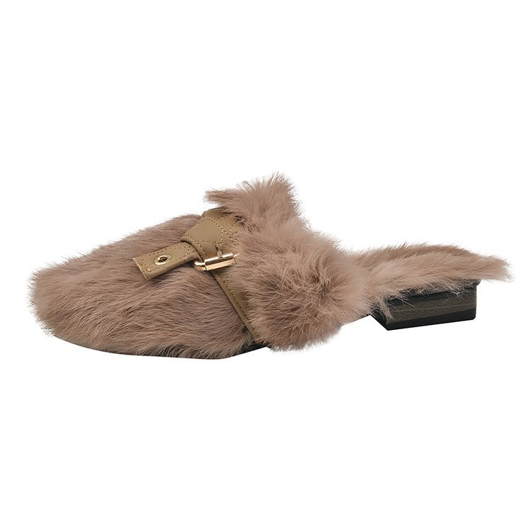 Women Slippers Winter Warm Flat Bottom New Fashion Square Toe Versatile Triple Black Beige Khaki Free shipping