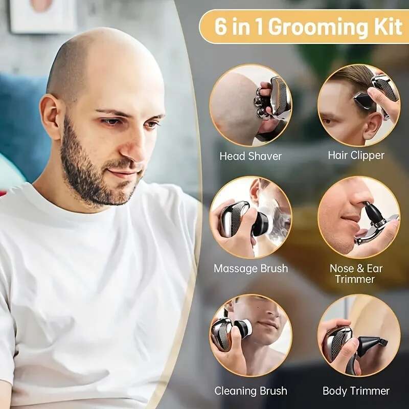 set Men's Razor - Rechargeable Cordless Hair Shaving Razors For Bald Man 6 In 1 Waterproof Wet Dry Beard Kit 7 Rotary Heads