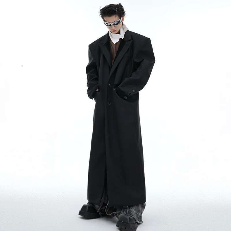 Original PU Leather Patchwork Design Men Trench Coat Padded Shoulder Personalized Fashion Male Windbreaker