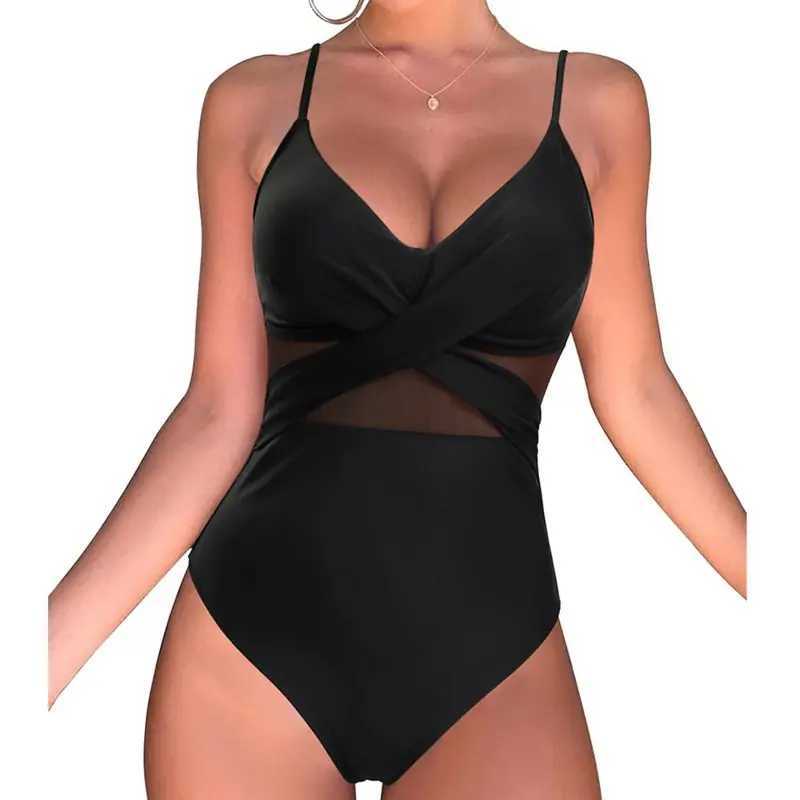 2025 Black Net Large Size Swimwear Fa Plus Size One-Piece Swimsuit Push Up For Beach Pool Bather Swimming Body Bathing SuitsXJ240108